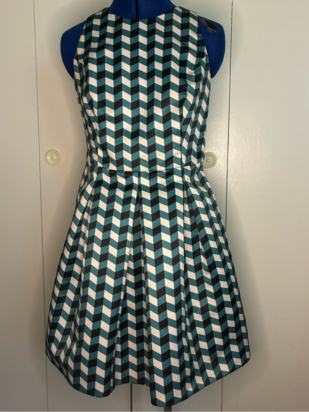 Liu Jo Teal and White Geometric Fit-and-Flare Dress